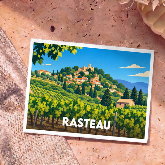 Carte postale souvenir de la ville de Rasteau avec une illustration stylisée de son village et de ses vignobles.
