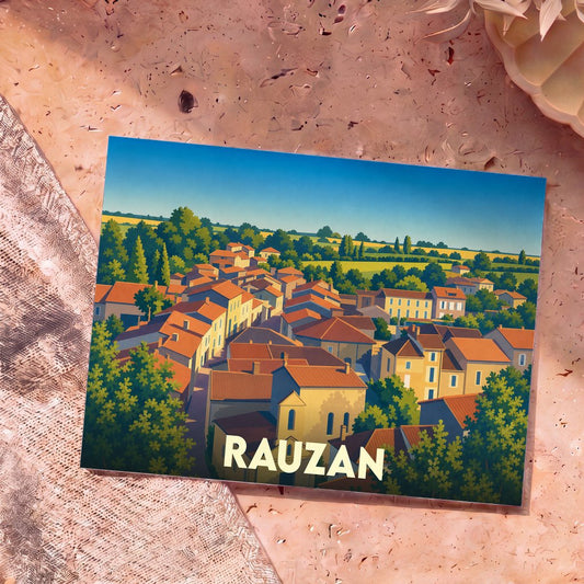 Carte postale souvenir de la ville de Rauzan avec une illustration stylisée de ses toits.