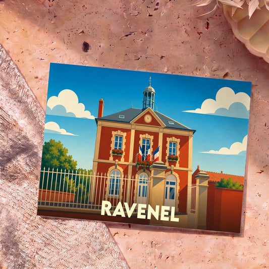 Carte postale souvenir de la ville de Ravenel avec une illustration stylisée de son hôtel de ville.