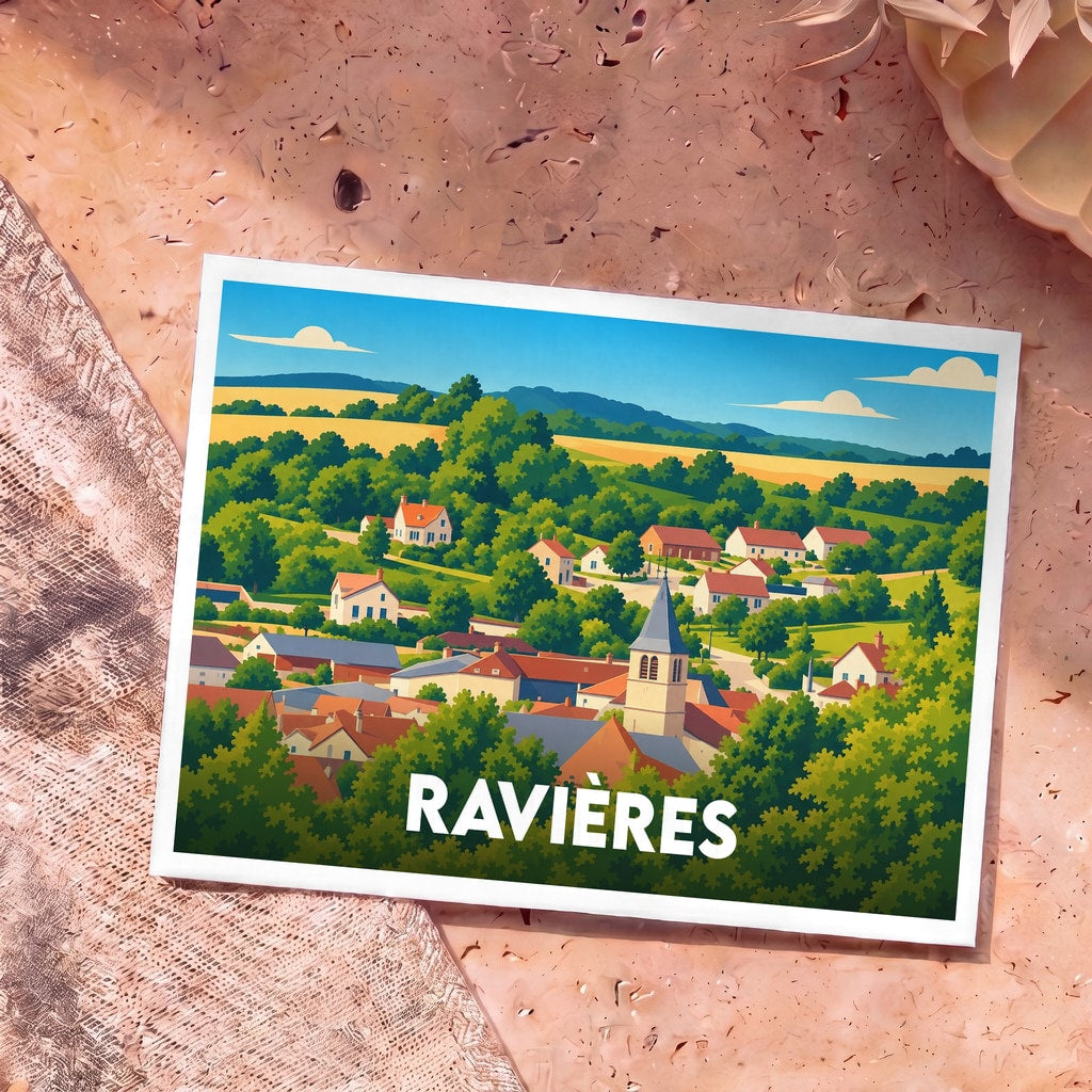 Carte postale souvenir de la ville de Ravières avec une illustration stylisée d'un paysage de campagne.