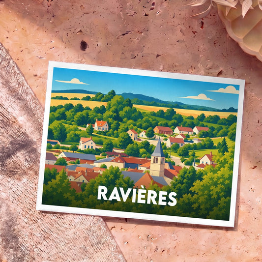 Carte postale souvenir de la ville de Ravières avec une illustration stylisée d'un paysage de campagne.