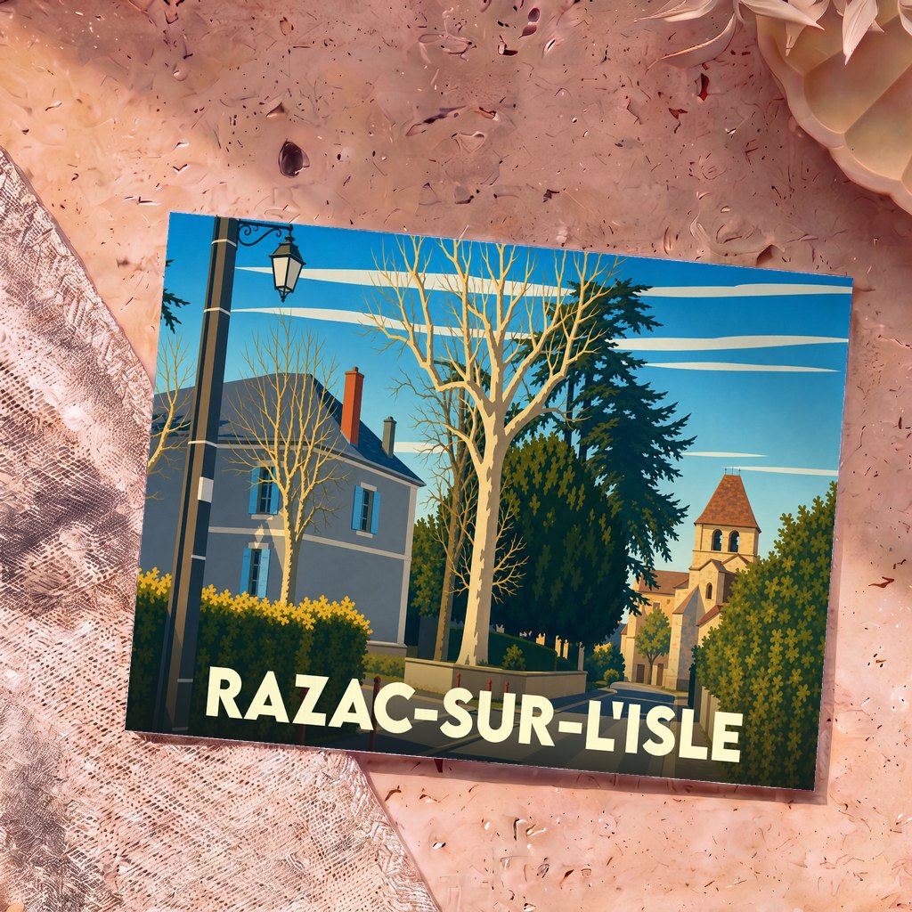 Carte postale souvenir de la ville de Razac-sur-l'Isle avec une illustration stylisée.