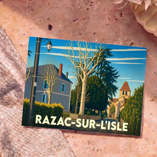 Carte postale souvenir de la ville de Razac-sur-l'Isle avec une illustration stylisée.