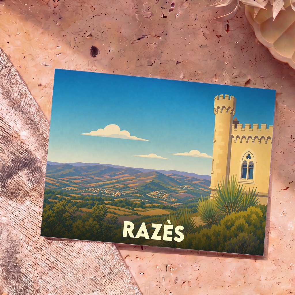 Carte postale souvenir de la ville de Razès illustrant un château surplombant une vallée vallonnée.