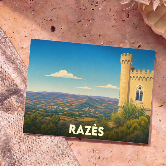 Carte postale souvenir de la ville de Razès illustrant un château surplombant une vallée vallonnée.