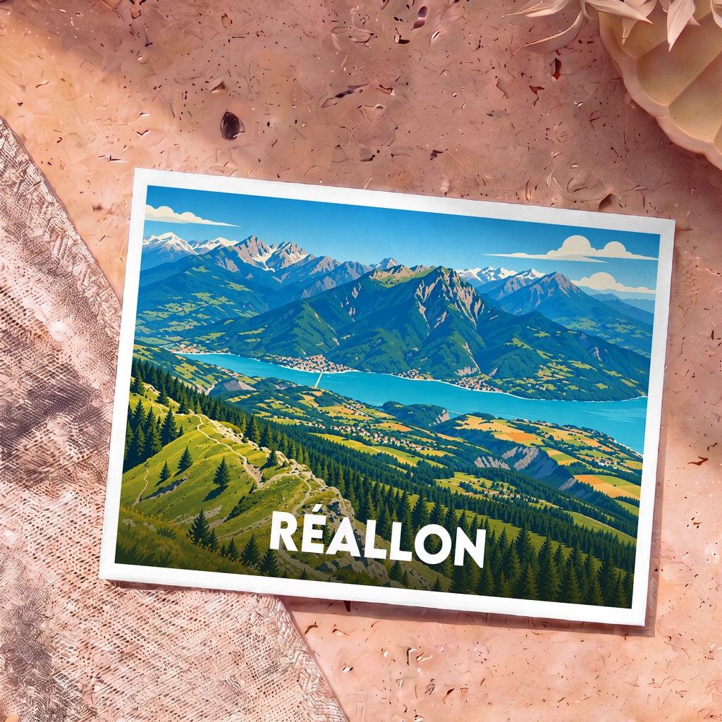 Carte postale souvenir de la ville de Réallon avec une illustration stylisée d'un paysage de montagne surplombant un lac.