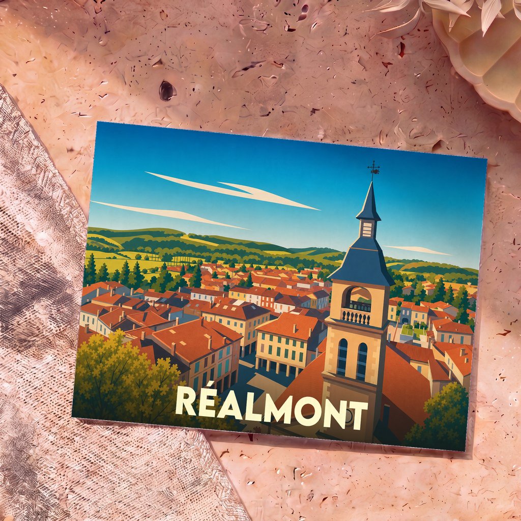 Carte postale souvenir de la ville de Réalmont arborant une illustration stylisée de son église et de ses toits.