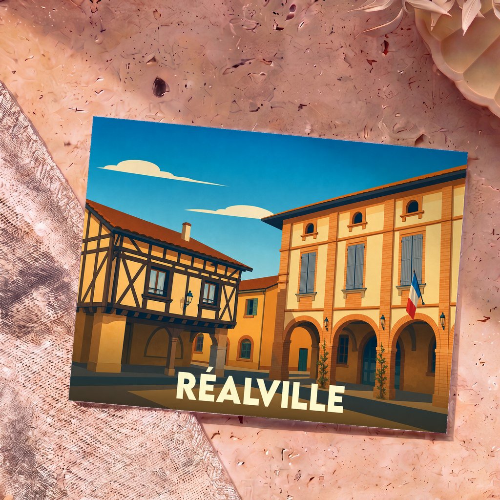 Carte postale souvenir de la ville de Réalville avec une illustration stylisée de son architecture traditionnelle et un drapeau français.