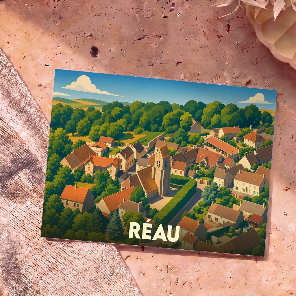 Carte postale souvenir de la commune de Réau avec une illustration stylisée vue du ciel.