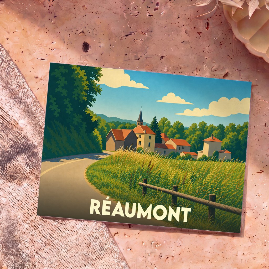 Carte postale souvenir de la ville de Réaumont avec une illustration stylisée d'un paysage de campagne.