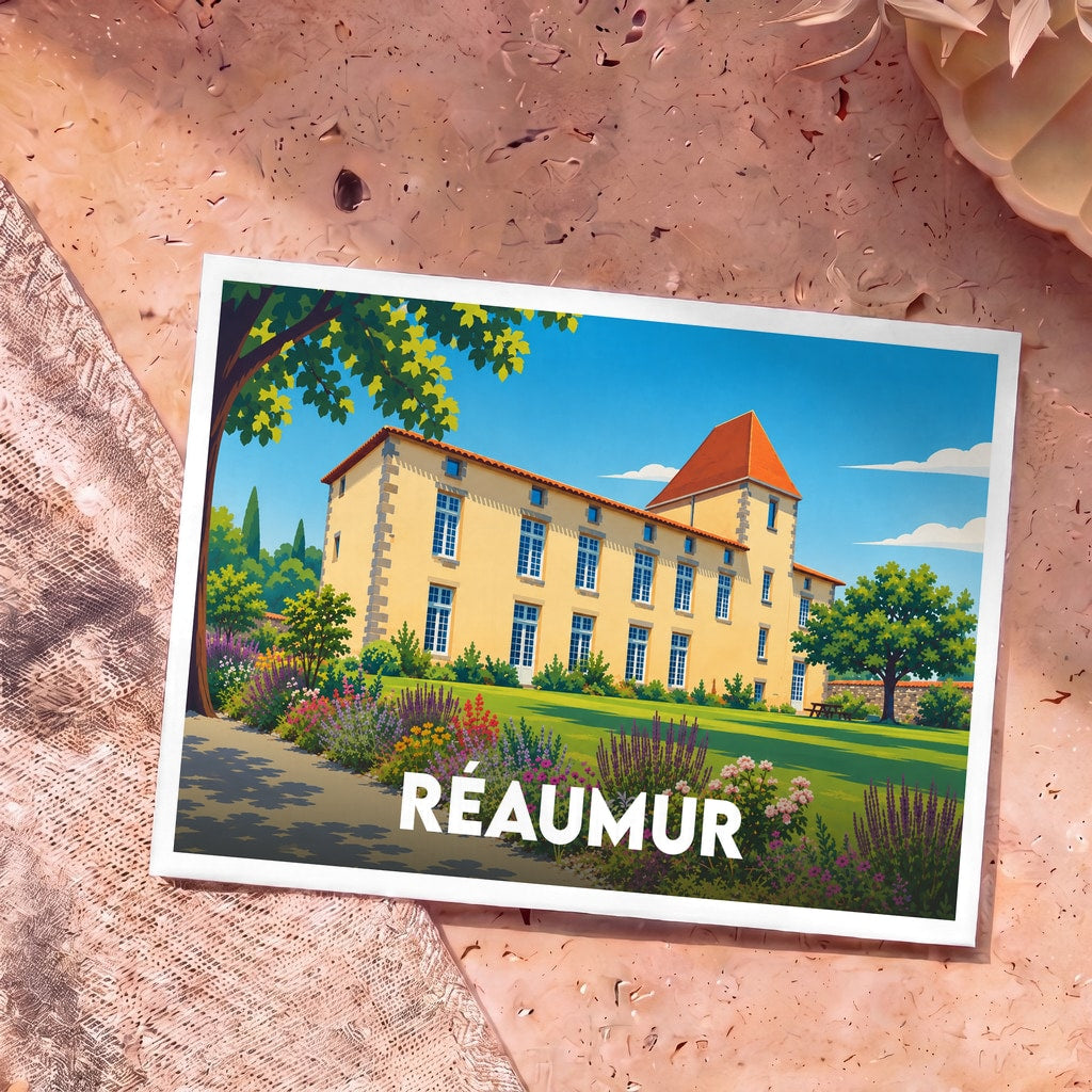 Carte postale souvenir de la ville de Réaumur avec une illustration stylisée d'un manoir ensoleillé.