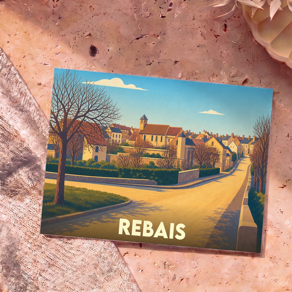 Carte postale souvenir de la ville de Rebais avec une illustration stylisée d'un paysage urbain au soleil couchant.