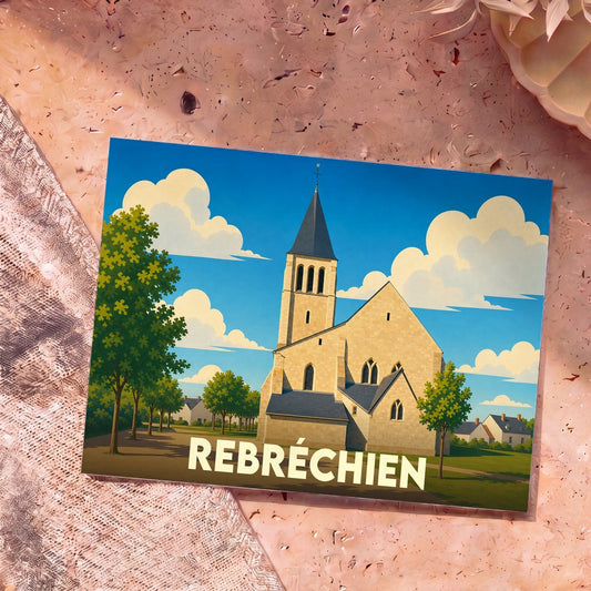 Carte postale souvenir de la ville de Rebréchien arborant une illustration stylisée de son église sous un ciel nuageux.
