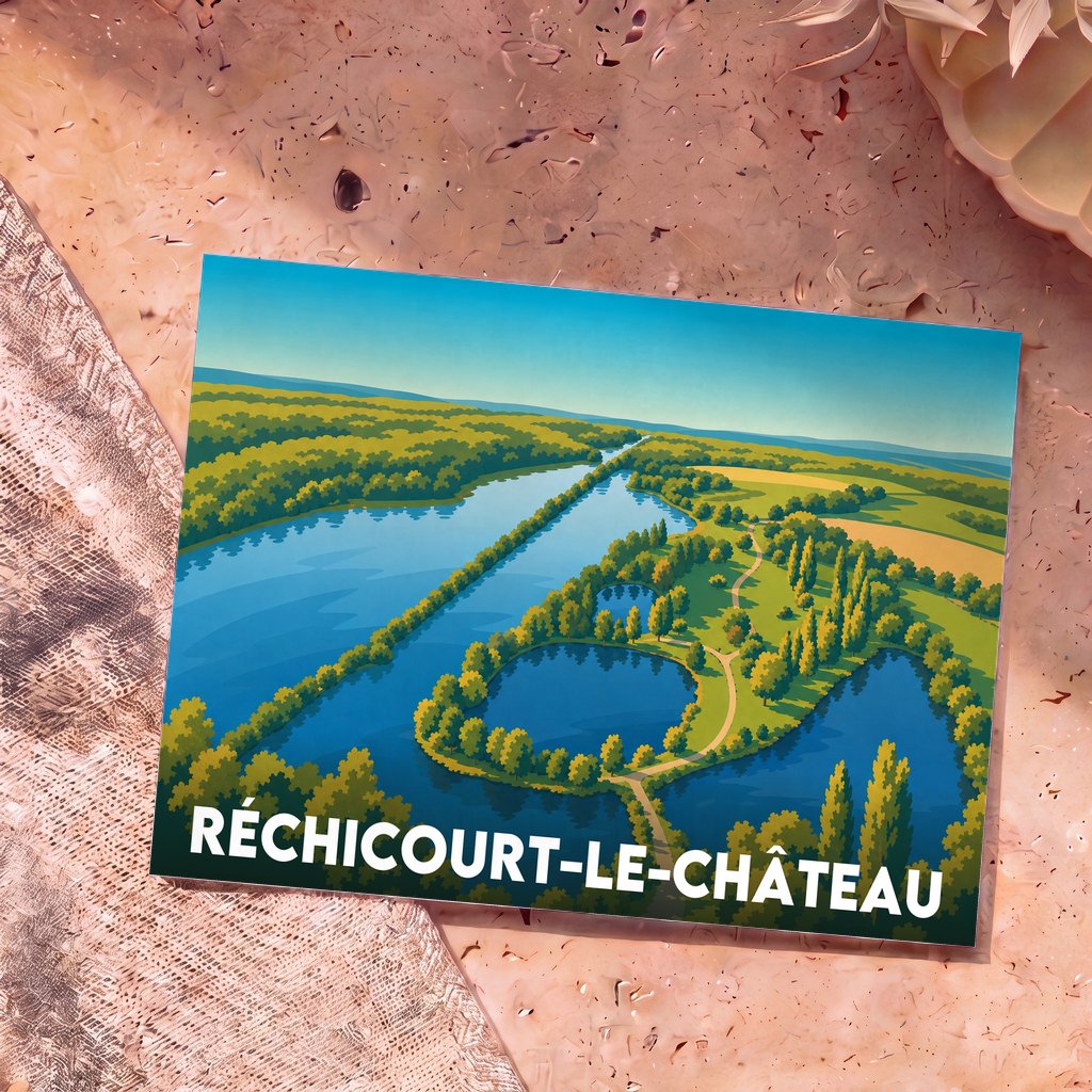 Carte postale souvenir de la ville de Réchicourt-le-Château avec une illustration stylisée de son paysage aquatique et verdoyant.