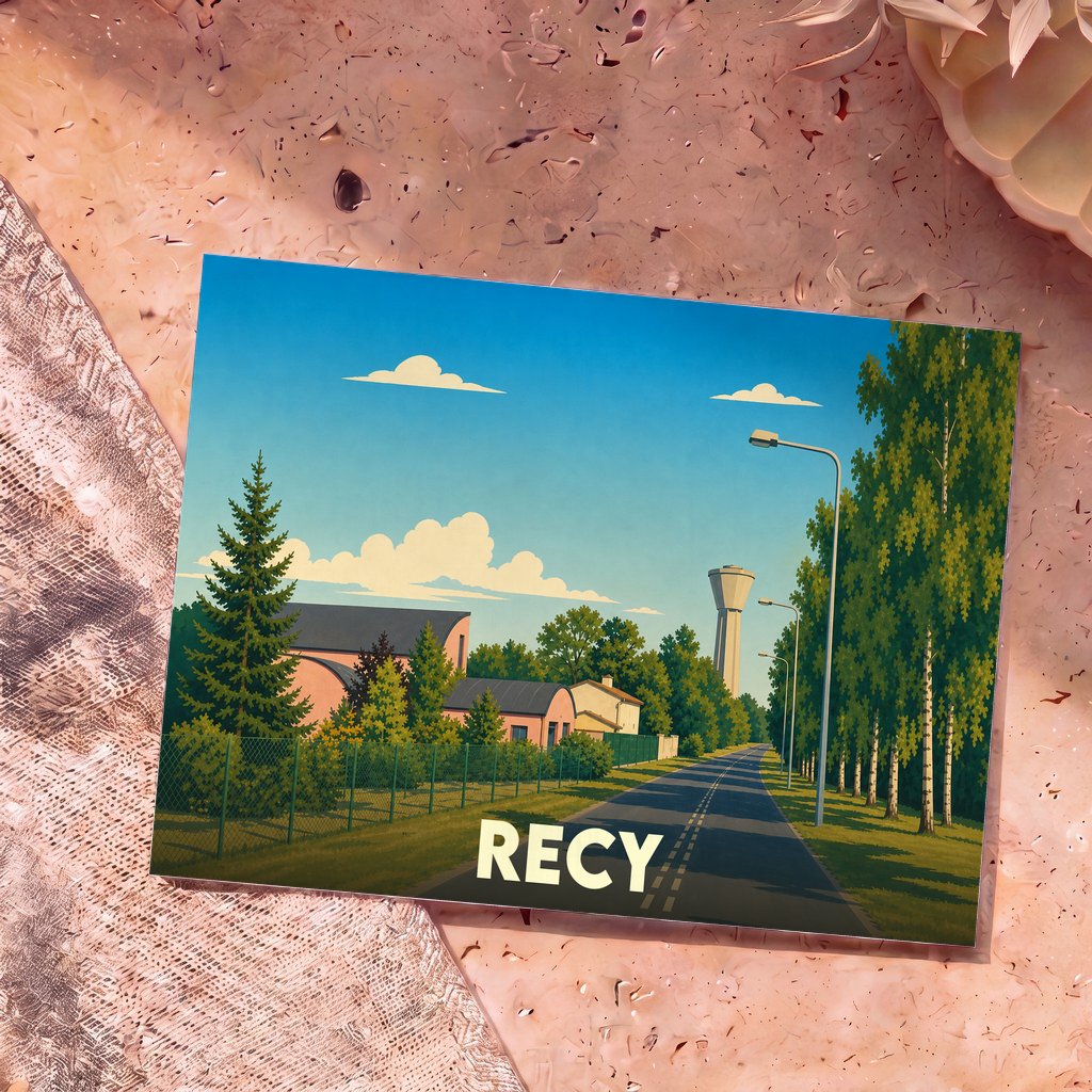 Carte postale souvenir de la ville de Recy avec une illustration stylisée d'un paysage urbain paisible sous un ciel bleu.
