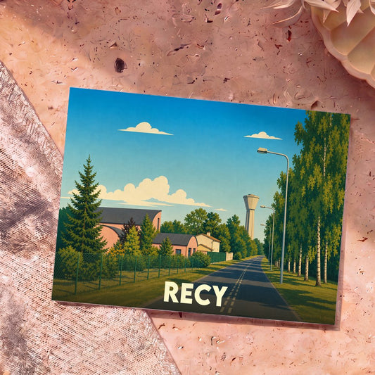 Carte postale souvenir de la ville de Recy avec une illustration stylisée d'un paysage urbain paisible sous un ciel bleu.