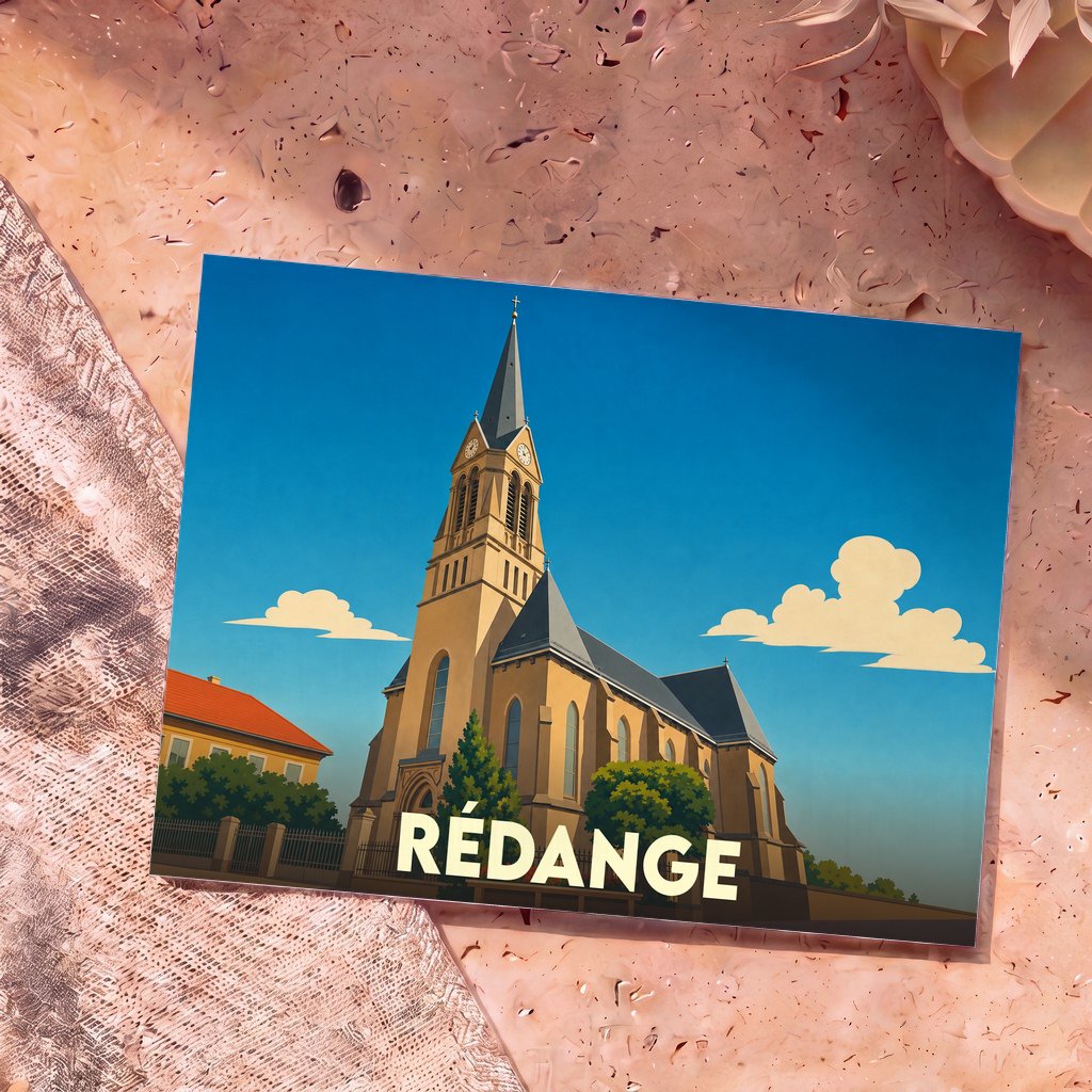 Carte postale souvenir de la ville de Rédange illustrant son église dans un style graphique épuré.