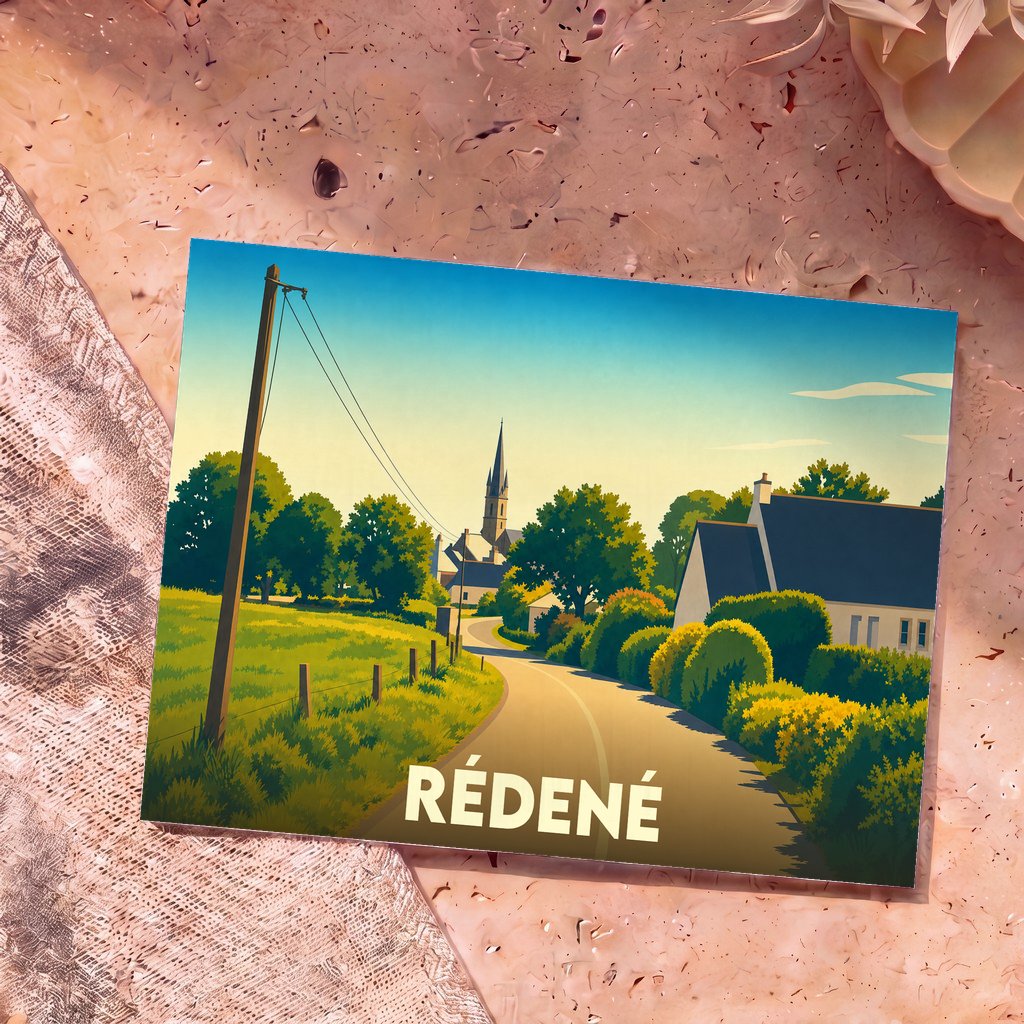 Carte postale souvenir de la ville de Rédené arborant une illustration stylisée d'un paysage champêtre.