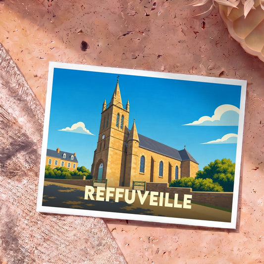 Carte postale souvenir de la ville de Reffuveille illustrant son église sous un ciel bleu.