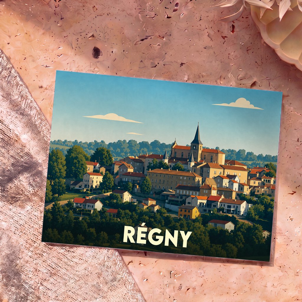 Carte postale souvenir de la ville de Régny avec une illustration stylisée.