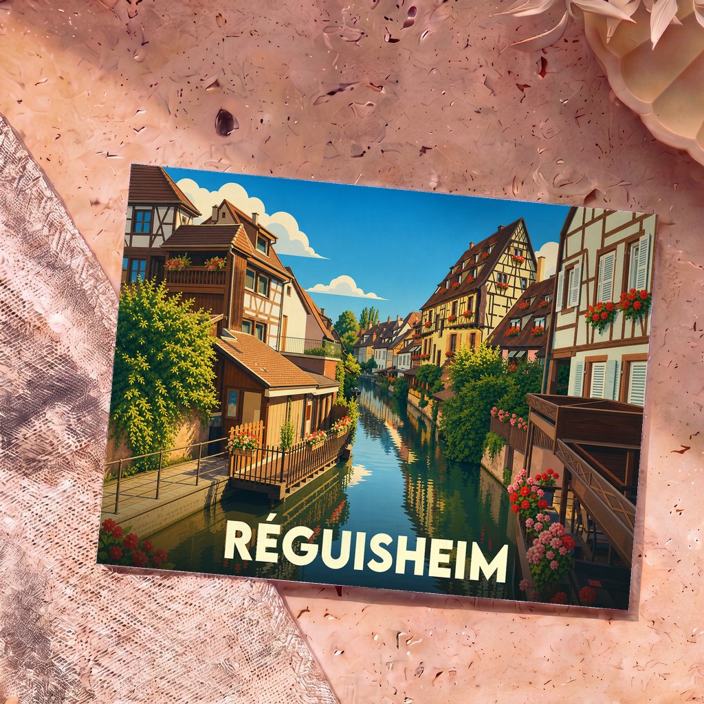 Carte postale souvenir de la ville de Réguisheim illustrant des maisons à colombages au bord de l'eau.