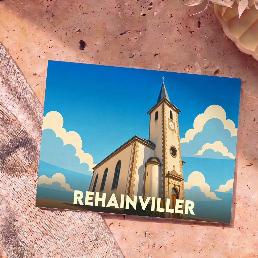 Carte postale souvenir de la ville de Rehainviller illustrant son église sous un ciel bleu parsemé de nuages stylisés.