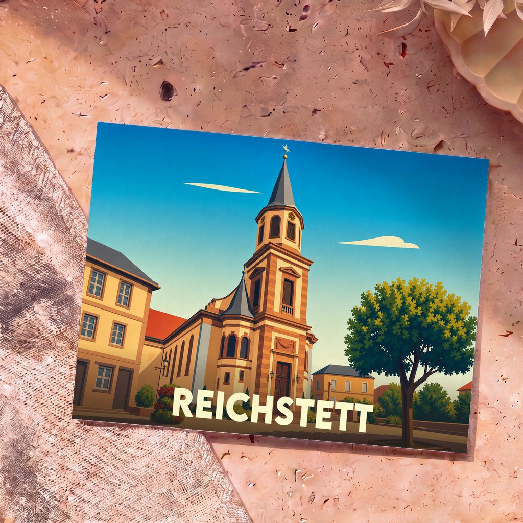 Carte postale souvenir de la ville de Reichstett avec une illustration stylisée de son église.