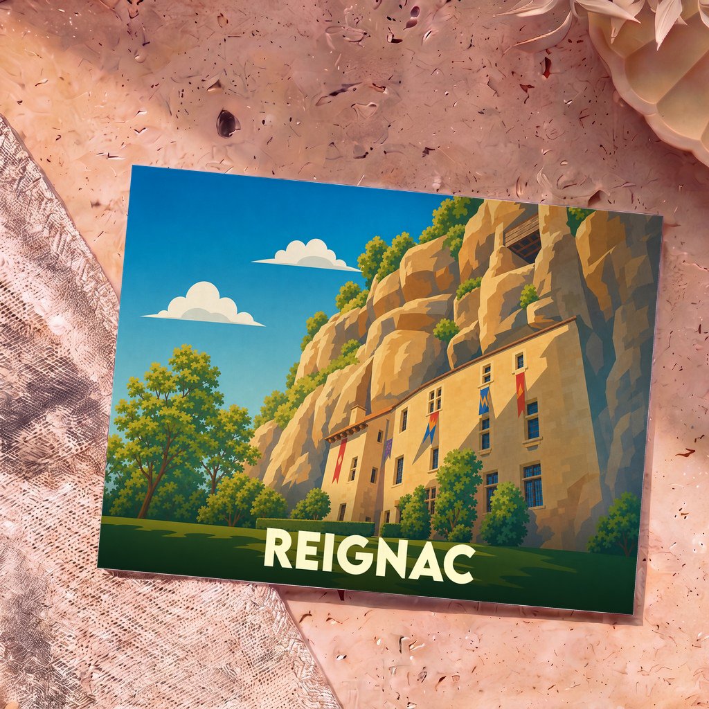 Carte postale souvenir de Reignac avec une illustration stylisée de son château troglodytique à flanc de falaise.