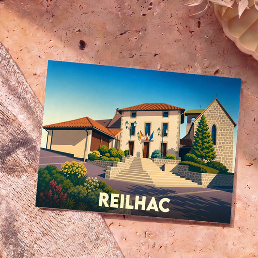 Carte postale souvenir de la ville de Reilhac avec une illustration stylisée de sa mairie et de son église sous un ciel bleu.