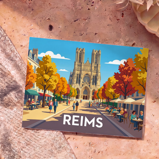 Carte postale souvenir de la ville de Reims avec une illustration stylisée de la cathédrale et de terrasses animées en automne.