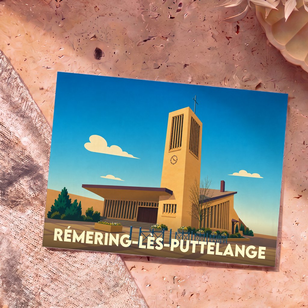 Carte postale souvenir de la ville de Rémering-lès-Puttelange avec une illustration stylisée de son église moderne.