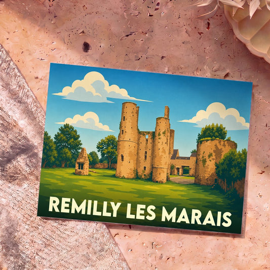 Carte postale souvenir de Remilly Les Marais illustrant les ruines stylisées du château de Montfort.