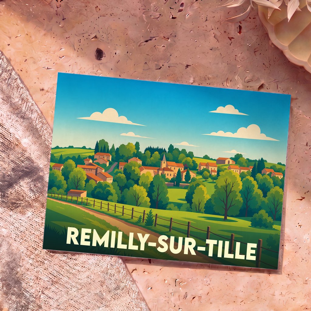 Carte postale souvenir de la ville de Remilly-sur-Tille avec une illustration stylisée et colorée de son paysage rural.