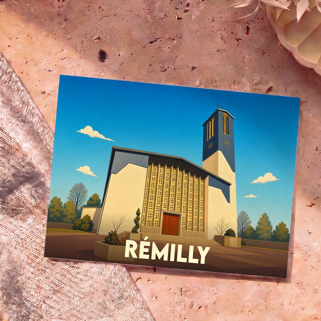 Carte postale souvenir de la ville de Rémilly avec une illustration stylisée de son église moderne.