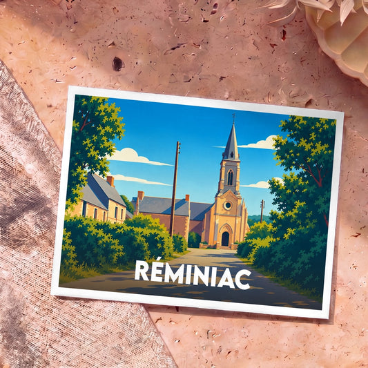 Carte postale souvenir de la commune de Réminiac illustrant son église dans un style graphique épuré.