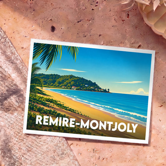 Carte postale souvenir de la ville de Remire-Montjoly illustrant une plage tropicale stylisée.