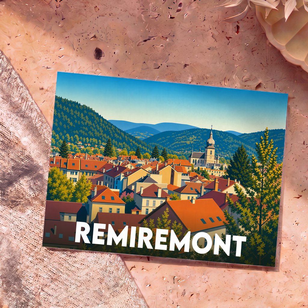 Carte postale souvenir de la ville de Remiremont avec une illustration colorée et stylisée de ses toits et de son église.