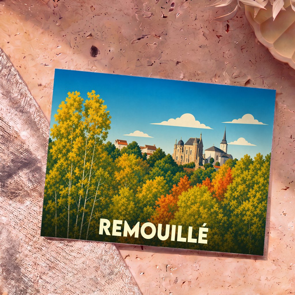 Carte postale souvenir de la ville de Remouillé avec une illustration stylisée de son église émergeant d'une forêt colorée.