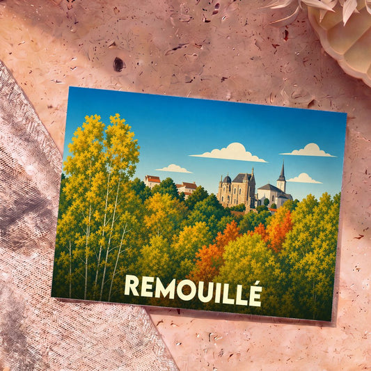 Carte postale souvenir de la ville de Remouillé avec une illustration stylisée de son église émergeant d'une forêt colorée.