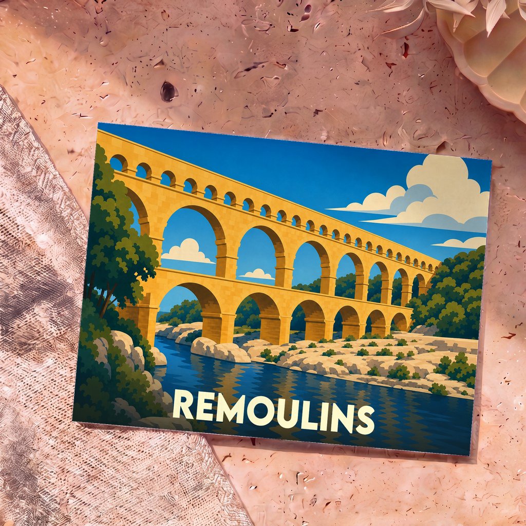 Carte postale souvenir de la ville de Remoulins représentant une illustration stylisée du Pont du Gard.