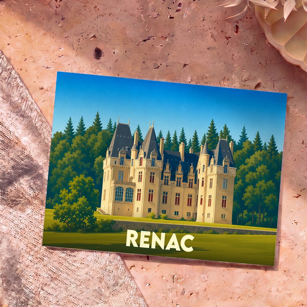 Carte postale souvenir de la ville de Renac illustrant un château majestueux entouré d'une forêt.