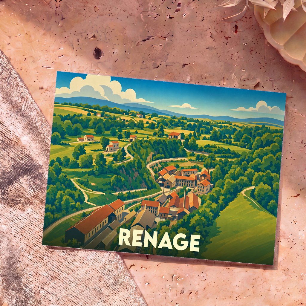 Carte postale souvenir de la ville de Renage avec une illustration stylisée de son paysage vallonné et de ses bâtiments.
