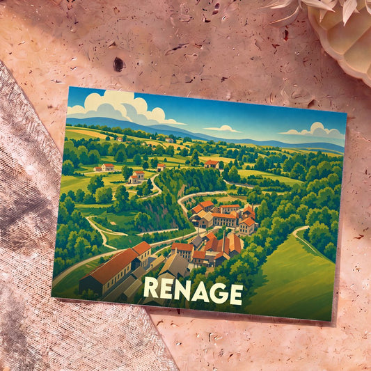 Carte postale souvenir de la ville de Renage avec une illustration stylisée de son paysage vallonné et de ses bâtiments.