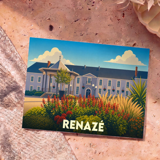 Carte postale souvenir de la ville de Renazé avec une illustration stylisée et colorée de sa mairie.