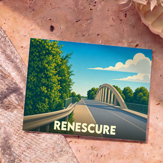 Carte postale souvenir de la ville de Renescure avec une illustration stylisée d'un pont routier bordé de verdure.