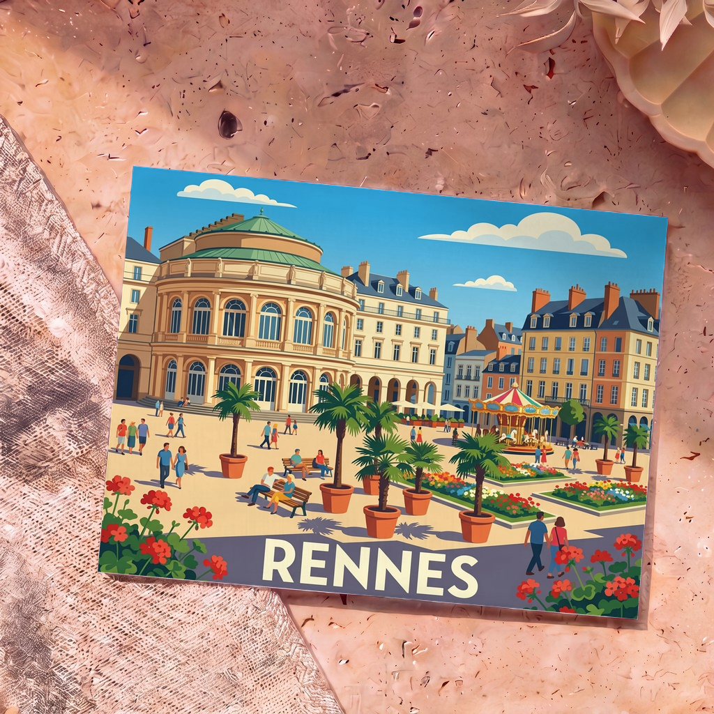 Carte postale souvenir de la ville de Rennes présentant une illustration stylisée de la place de l'Opéra avec ses palmiers et son carrousel.