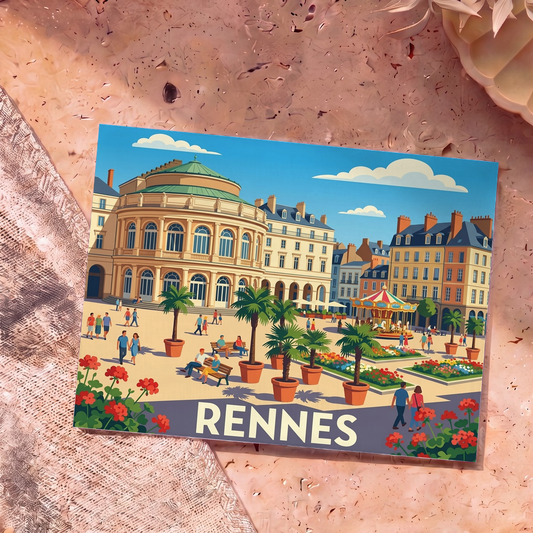 Carte postale souvenir de la ville de Rennes présentant une illustration stylisée de la place de l'Opéra avec ses palmiers et son carrousel.
