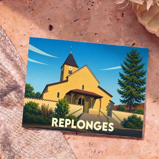 Carte postale souvenir de la ville de Replonges illustrant son église dans un style graphique épuré.