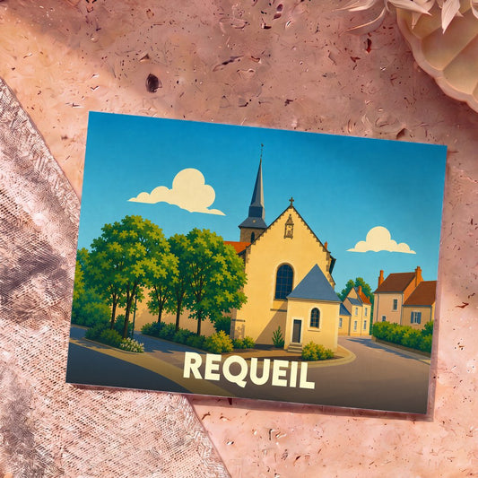 Carte postale souvenir de la ville de Requeil avec une illustration stylisée de son église et de ses rues.
