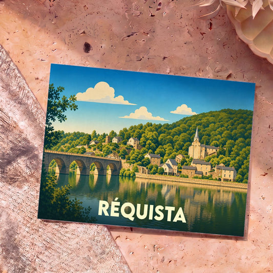 Carte postale souvenir de la ville de Réquista avec une illustration stylisée représentant un pont et un village au bord de l'eau.